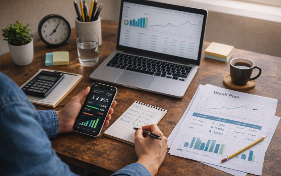 Persona revisando el flujo de caja semanal de una pyme con notebook, celular y anotaciones financieras sobre un escritorio ordenado