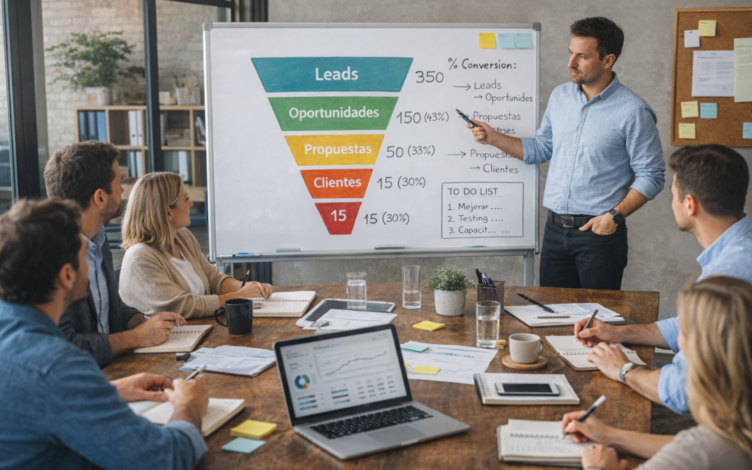 Embudo comercial de leads a clientes en pizarra (método de Franco Lauricella) durante reunión de equipo