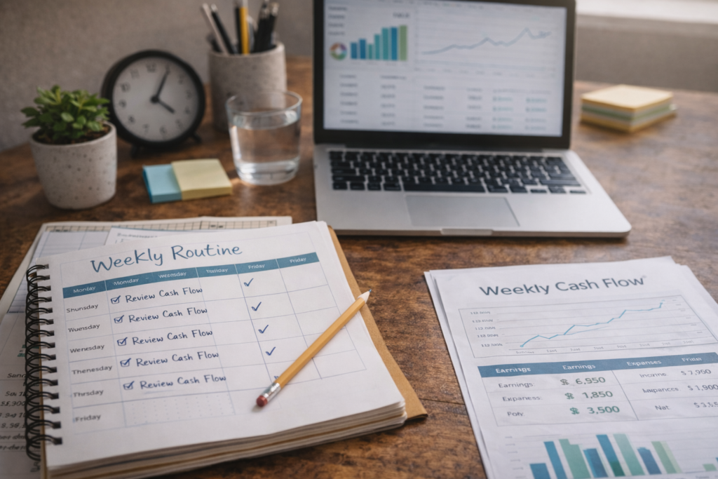Planificación semanal del flujo de caja con agenda, checklist y gráficos simples para control financiero en una pyme.