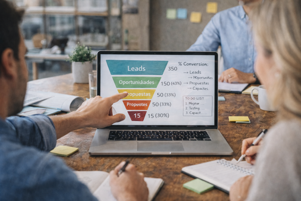 Mapa del embudo comercial en laptop: leads, oportunidades, propuestas y clientes (Franco Lauricella)